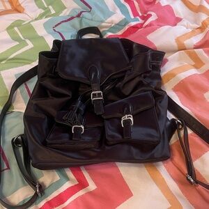 Black Women's Faux Leather Backpack with Front Buckle Pockets